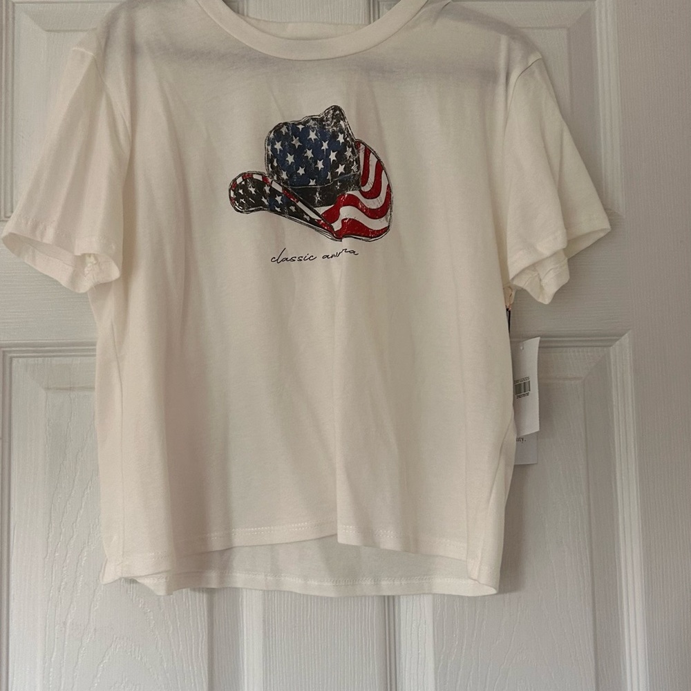 Dry Goods White Tee with American Flag Hat Design